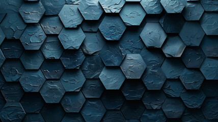 Poster - A wall adorned with textured hexagonal tiles in varying shades of blue creates a captivating visual effect, showcasing modern design elements and artistic craftsmanship in interior decor.