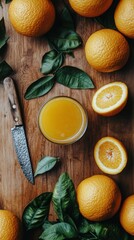 Canvas Print - Freshly squeezed orange juice served in a glass alongside whole and halved oranges on a wooden table