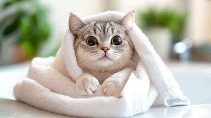 Poster - Adorable Cat Wrapped in a Soft Towel