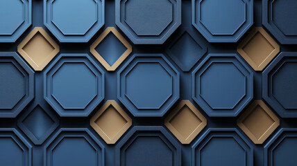 Poster - A contemporary wall features a striking design with octagonal shapes and square accents in a rich deep blue color scheme, showcasing texture and modern aesthetics for interior spaces.
