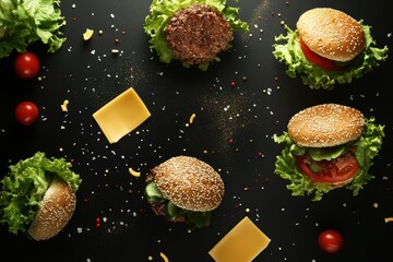Aufkleber - A vibrant display of scattered burger components such as lettuce, tomatoes, cheese, and meat showcases an appetizing cooking setup. Generative AI