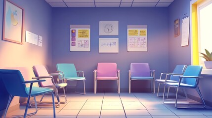 Canvas Print - Empty Waiting Room with Colorful Chairs and a Window View.