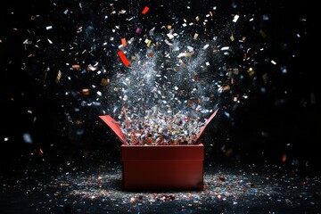 Poster - A burst of confetti and colorful ribbons erupts from an open gift box, adding excitement and joy to any special occasion. Generative AI