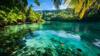 Wall Mural - crystal-clear tropical lagoon surrounded by lush greenery, with colorful fish swimming below the sur