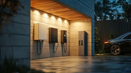 A modern electric vehicle charging station is mounted on the side of a garage with a car parked in the driveway.