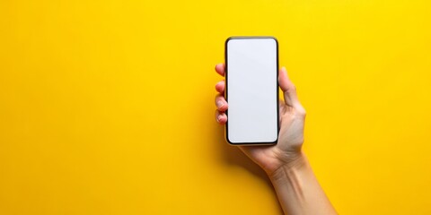 Hand Holding Smartphone with Blank Screen on Yellow Background, mockup, template ,phone, yellow background