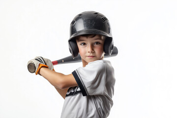 A young boy is holding a baseball bat and wearing a helmet