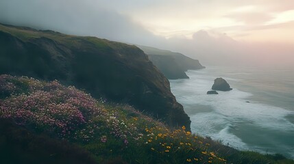 Wall Mural - peaceful coastal cliff with wildflowers blooming, waves crashing below, and a soft, overcast sky cre