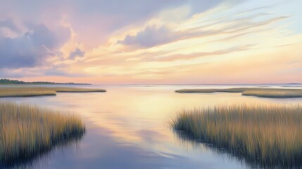 Wall Mural - peaceful coastal marsh with tall grasses swaying in the breeze, calm waters reflecting the sky, and 