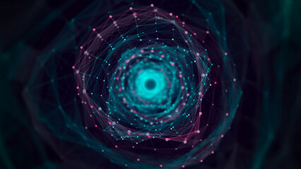 Poster - cyber tunnel consisting of moving glowing points. futuristic infinite space background. concept of d