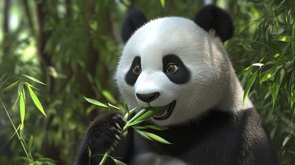 Poster - Closeup of a Cute Panda Bear Eating Bamboo in a Lush Forest.