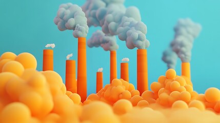 Sticker - Abstract Industrial Landscape with Orange Smoke and Smokestacks.