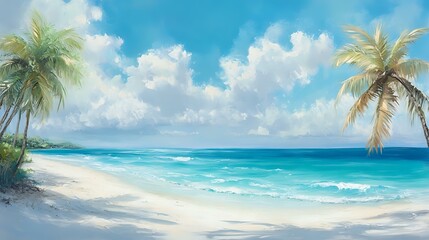 Wall Mural - tranquil beach scene with turquoise waters gently lapping at white sandy shores, palm trees swaying 
