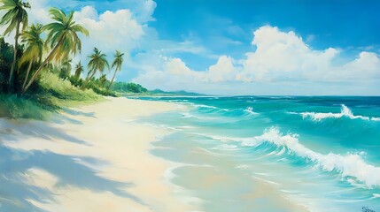 Wall Mural - tranquil beach scene with turquoise waters gently lapping at white sandy shores, palm trees swaying 
