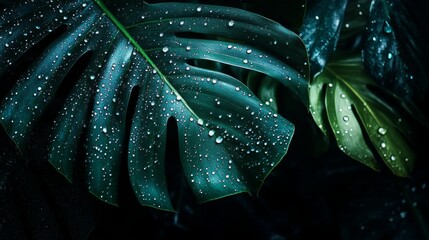 Aufkleber - Lush Green Leaves with Water Droplets in Dark Setting