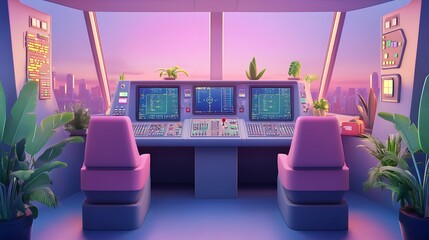 Canvas Print - Futuristic Control Room with City Skyline View.