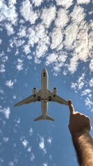 A person reaching towards a plane flying high in a clear blue sky on a sunny day