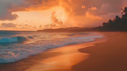 Wall Mural - tropical beach at sunset with golden sand, vibrant orange and pink skies, and the gentle sound of wa