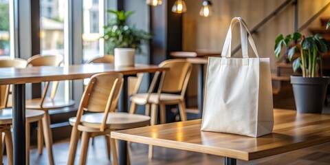 White Canvas Tote Bag on Wooden Table in Cafe, cafe , tote bag