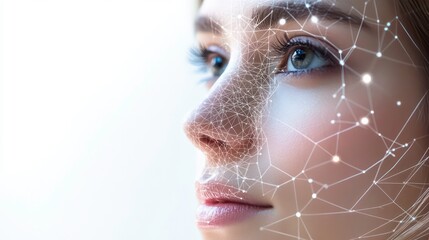 Poster - Close-up portrait of a woman with digital lines connecting on her face.