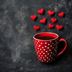 Sticker - A red polka dot mug with steaming beverage and floating red hearts in a dark setting