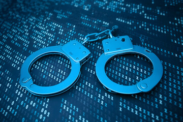 Blue digital handcuffs connected by chain amid binary code background
