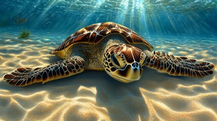 Poster - Majestic Sea Turtle Swimming in Clear Ocean Water