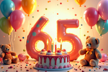 65th birthday card. Birthday celebration with a large cake, balloons, and teddy bears. The cake is decorated with candles and the number 65 prominently displayed on it.