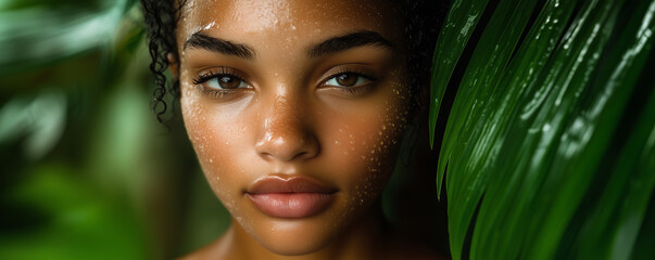 Wall Mural - beautiful black african american woman posing in rainforest among tropical leaves background. pure p