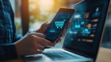 Poster - Person using a smartphone and laptop with a shopping cart icon, representing online shopping.