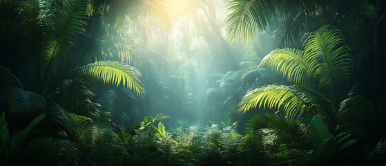 Mystical Sunbeams Through Lush Tropical Rainforest