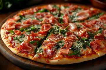 A delicious pizza topped with savory meats and fresh greens, baked to perfection on a wooden board.