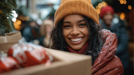 Close-up portrait of a happy African American woman holding a box at a Christmas market, with people walking in the background and a bokeh effect. Concept for a stock photo style image with copy space