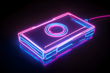 Retro neon cassette tape icon isotated on black background.