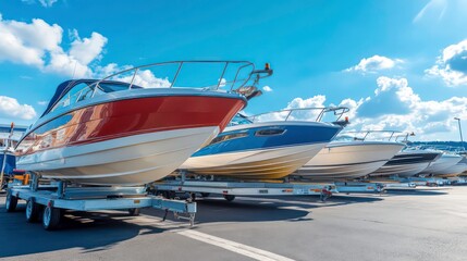 A row of shiny new motorboats on trailers against a bright blue sky.