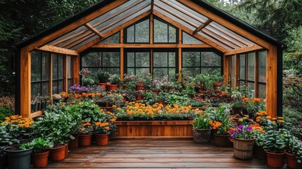 A wooden greenhouse with a variety of potted plants and flowers.