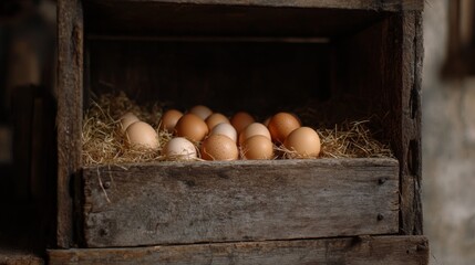 Fresh farm eggs nestled in rustic wooden crate surrounded by straw for a natural aesthetic