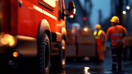 A red delivery van parked on a city street at night with two construction workers in the background.