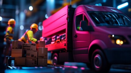 Two workers load boxes into a delivery truck in a warehouse.