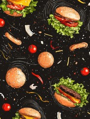 Leinwandbilder - Colorful ingredients like lettuce, tomatoes, cheese, and meat are artfully arranged against a dark backdrop, showcasing a fun burger theme. Generative AI