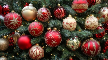 Beautifully decorated christmas ornaments on a lush evergreen tree for a festive holiday celebration