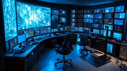 Canvas Print - Futuristic Control Room with Multiple Screens Displaying Data and Information.