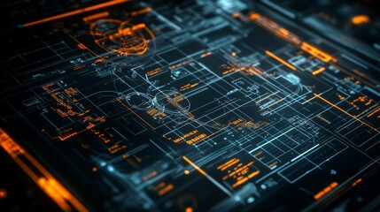 Poster - futuristic blueprint design exploring the intersection of technology and architecture through digita