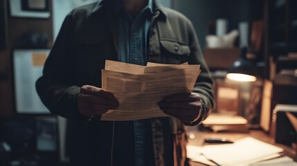 Detective Holding Missing Person s File in Dimly Lit Office Workspace