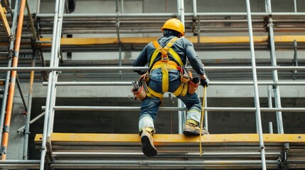 Construction worker scaling scaffolding a glimpse into modern building practices and safety measures on construction sites