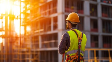 Construction worker overseeing project progress at sunset on a building site