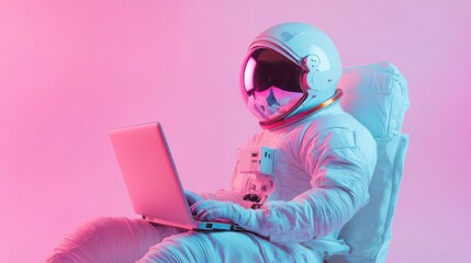 Aufkleber - An astronaut in a white spacesuit sits in a chair and works on a laptop in front of a pink and blue neon background.