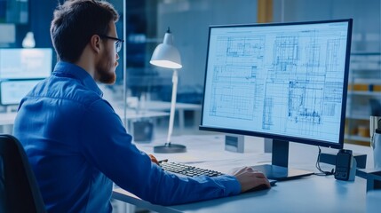 Poster - Focused professional analyzing technical drawings on computer screen in modern workspace