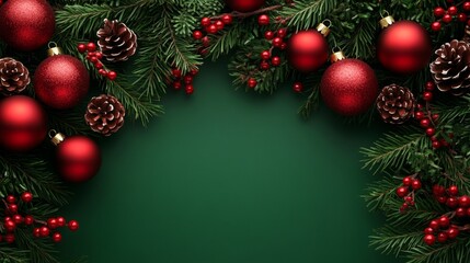 Festive holiday decorations with red ornaments and pine cones on green background