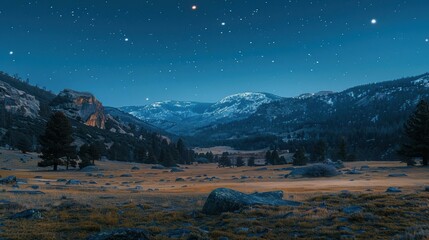 Wall Mural - A starry night sky above a valley with mountains in the distance. AI.